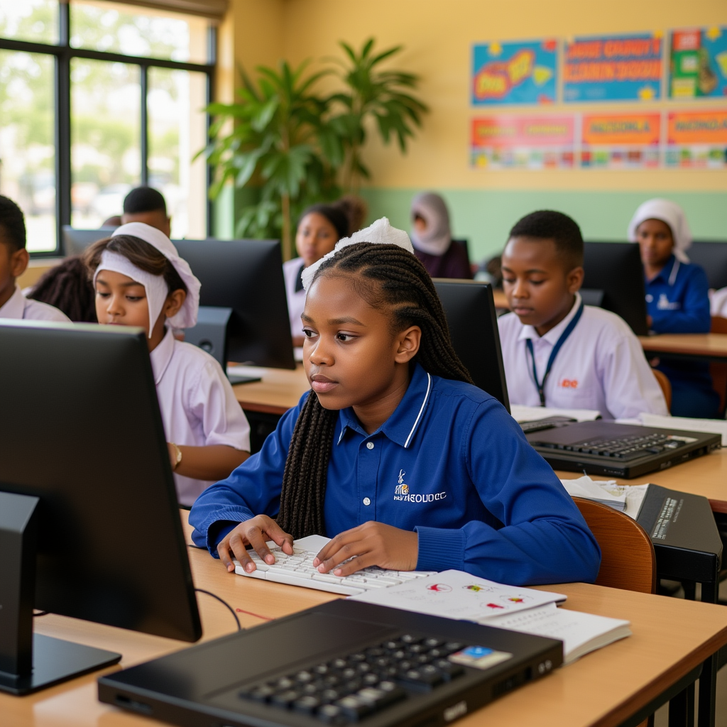 Students using tablets in a modern classroom, representing the Goshen Home of Lights Schools case study